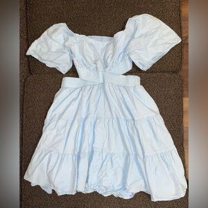 Fluffy baby blue shoulder less and backless dress